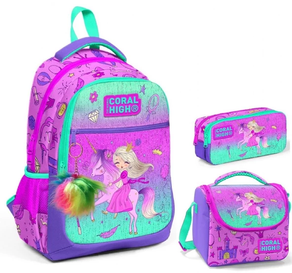 Coral High Kız Çocuk Pembe Yeşil Unicorn ve Prenses Üçlü İlkokul Okul Çanta Seti ürün görseli 1