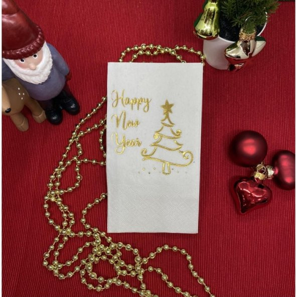 Gold Yaldızlı Beyaz Happy New Year Çam Ağacı Peçete ürün görseli 1
