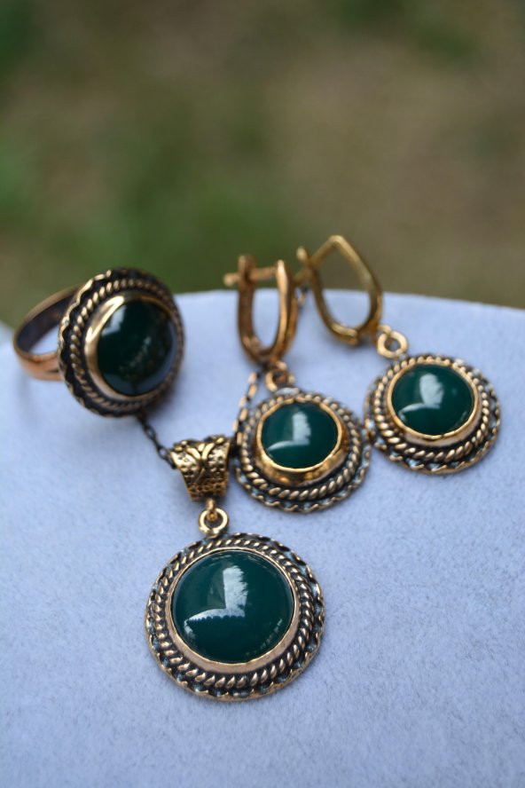 STONEAGE JEWELLERY Yeşil Akik Doğal Taş Tam Set ürün görseli 1