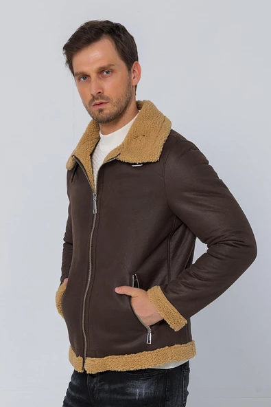 Erkek Regular Fit İçi Yünlü Fermuar Detaylı Deri İşçilikli Klasik Napa Deri Mont - Resim 8