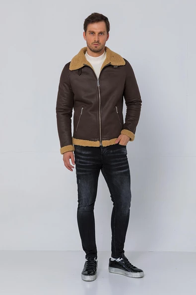 Erkek Regular Fit İçi Yünlü Fermuar Detaylı Deri İşçilikli Klasik Napa Deri Mont - Resim 7
