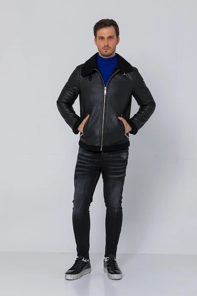 Erkek Regular Fit İçi Yünlü Fermuar Detaylı Deri İşçilikli Klasik Napa Deri Mont - Resim 5