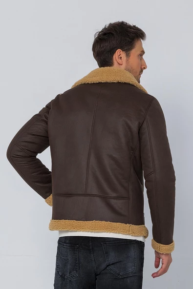 Erkek Regular Fit İçi Yünlü Fermuar Detaylı Deri İşçilikli Klasik Napa Deri Mont - Resim 9