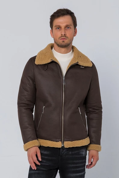 Erkek Regular Fit İçi Yünlü Fermuar Detaylı Deri İşçilikli Klasik Napa Deri Mont - Resim 6
