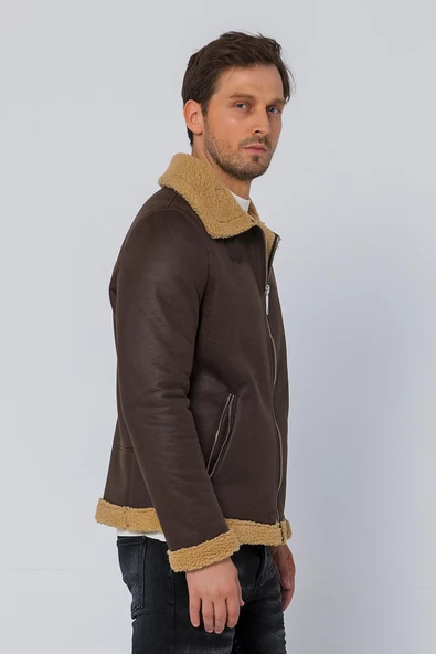 Erkek Regular Fit İçi Yünlü Fermuar Detaylı Deri İşçilikli Klasik Napa Deri Mont - Resim 10