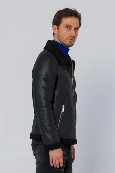Erkek Regular Fit İçi Yünlü Fermuar Detaylı Deri İşçilikli Klasik Napa Deri Mont - Resim 4