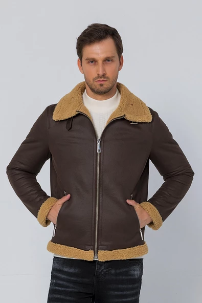 Erkek Regular Fit İçi Yünlü Fermuar Detaylı Deri İşçilikli Klasik Napa Deri Mont - Resim 11