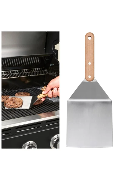 GRILLTIDER 30 Cm Paslanmaz Çelik Izgara Hamburger Spatulası Ahşap Barbekü Mangal Spatulası ürün görseli 1