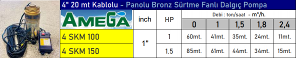 AMEGA 4SKM100 1 HP 4" 20 mt Kablolu - Panolu Bronz Sürtme Fanlı Dalgıç Pompa - Bakır Sargı ürün görseli 1