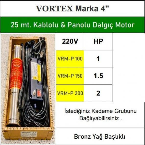 VORTEX VRM-P 200 2 HP 220v 25 mt. Kablolu & Panolu Bronz Yağ Çemberli Dalgıç Pompa Çıplak Motoru ürün görseli 1