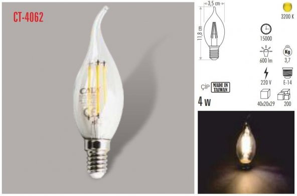 Cata 4 Watt Edison LED Kıvrık Buji Ampul E-14 3000K Gün Işığı CT-4062 ürün görseli 1