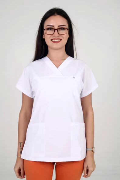 Deniz İş Kadın Alpaka Yarasakol Beyaz Renk Scrubs Tek Üst ürün görseli 1