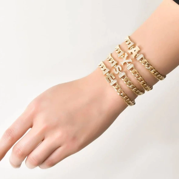 14 Ayar Altın Harf Bileklik Gurmet Chain - Resim 3