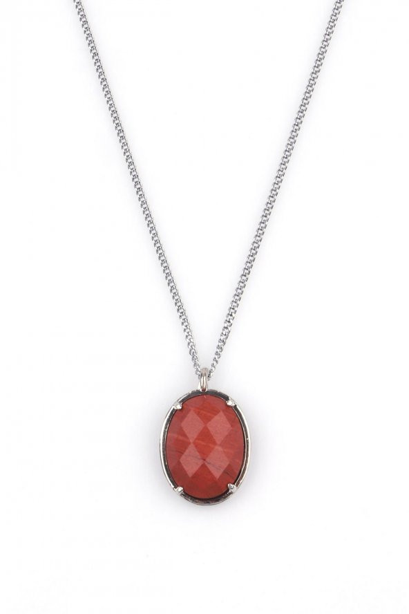 Red Jasper Doğal Taş Gümüş Renkli Kolye ürün görseli 1