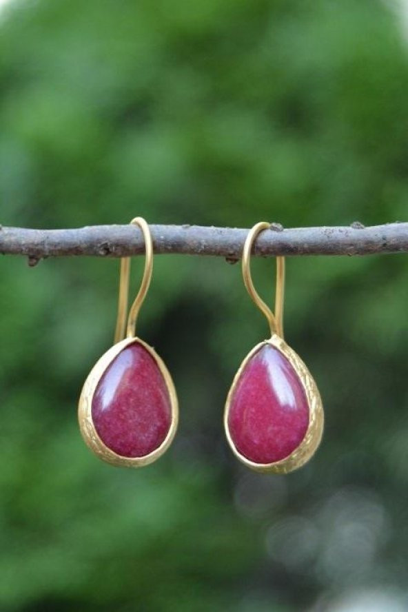 STONEAGE Altın Kaplama Vişne Rengi Jade Taşlı Kadın Küpe ürün görseli 1