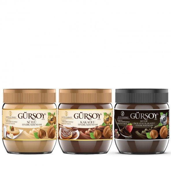 Gürsoy Sütlü Fındık Kreması 400g & Gürsoy Kakaolu Fındık Kreması 400g & Gürsoy Bitter Çikolatalı Kakaolu Fındık Kreması 400g ürün görseli 1