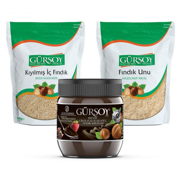 Gürsoy Kıyılmış Fındık 500g & Gürsoy Fındık Unu 500g & Gürsoy Bitter Çikolatalı Kakaolu Fındık Kreması 400g ürün görseli 1