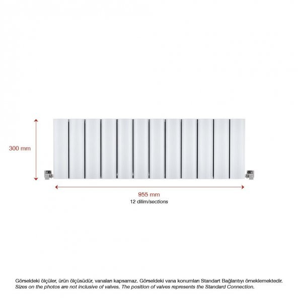 300X955mm Amber Yatay Beyaz Alüminyum Radyatör Standart Bağlantı ürün görseli 1