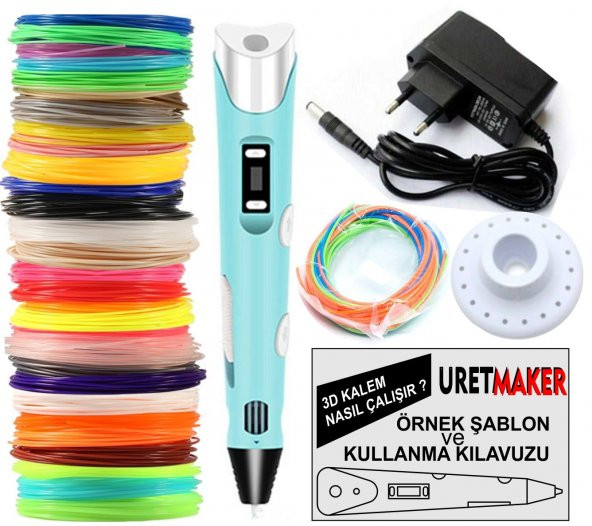 MAVİ Renk 3D Pen Kalem Yazıcı ve 100 metre PLA Filament (25 renk x 4 metre) ürün görseli 1