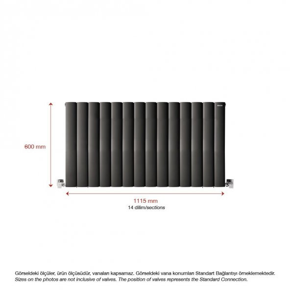 600X1115mm Lilac Yatay Antrasit Alüminyum Radyatör Standart Bağlantı ürün görseli 1