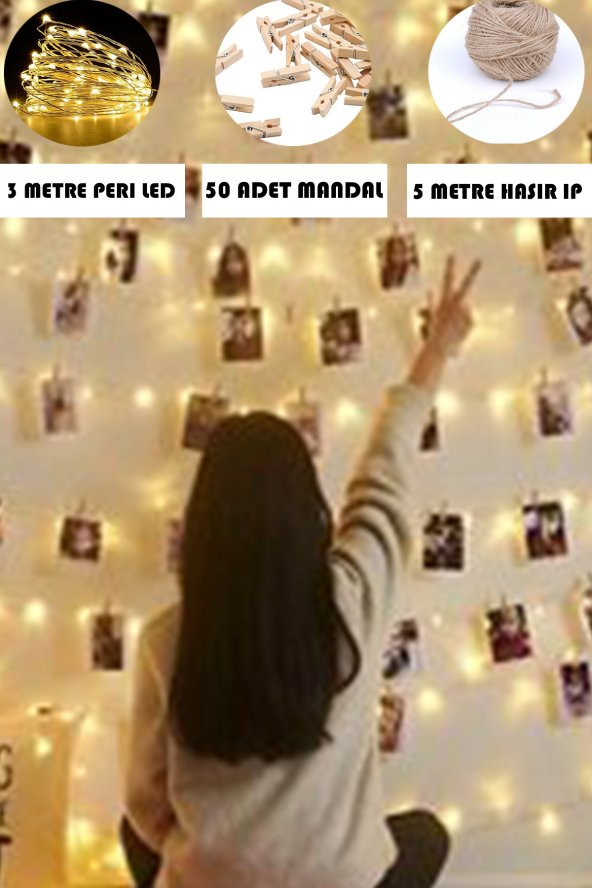 Peri Led Işık 3 Metre 30 Ledli Gün Işığı +50 Adet Mini Mandal +5 Metre Hasır İp ürün görseli 1