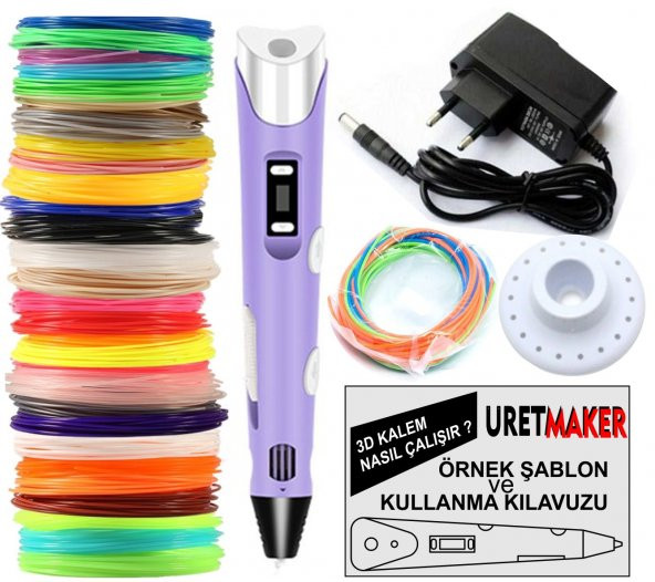 MOR Renk 3D Pen Kalem Yazıcı ve 100 metre PLA Filament (25 renk x 4 metre) ürün görseli 1