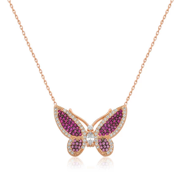 Gümüş Rose Pembe Kelebek Bayan Kolye SL3373 ürün görseli 1