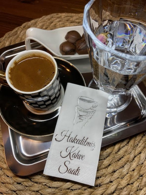 Gümüş Yaldızlı Beyaz Hakedilmiş Kahve Saati Peçete 6x12 cm ürün görseli 1