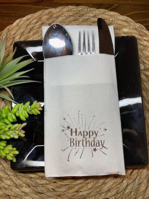Gümüş Yaldızlı Beyaz Cepli Happy Bırthday Peçete 12 Adet 40x40 ürün görseli 1