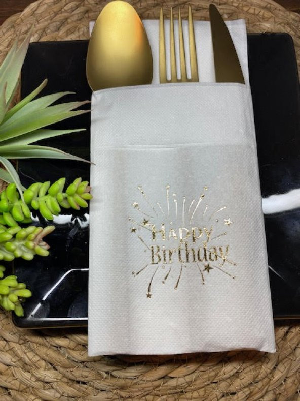 Gold Yaldızlı Beyaz Cepli Happy Bırthday Peçete 12 Adet 40x40 ürün görseli 1