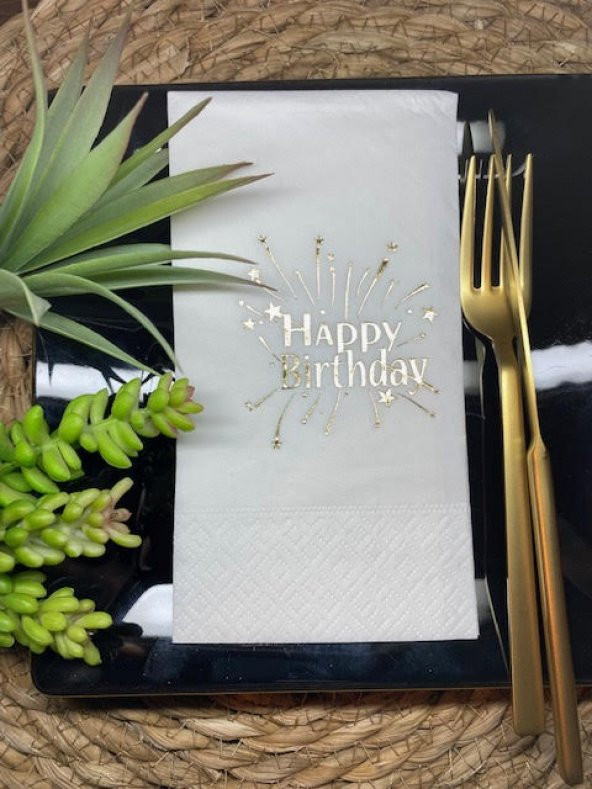 Gold Yaldızlı Beyaz Happy Bırthday Garson Katlama Peçete 16 lı ürün görseli 1