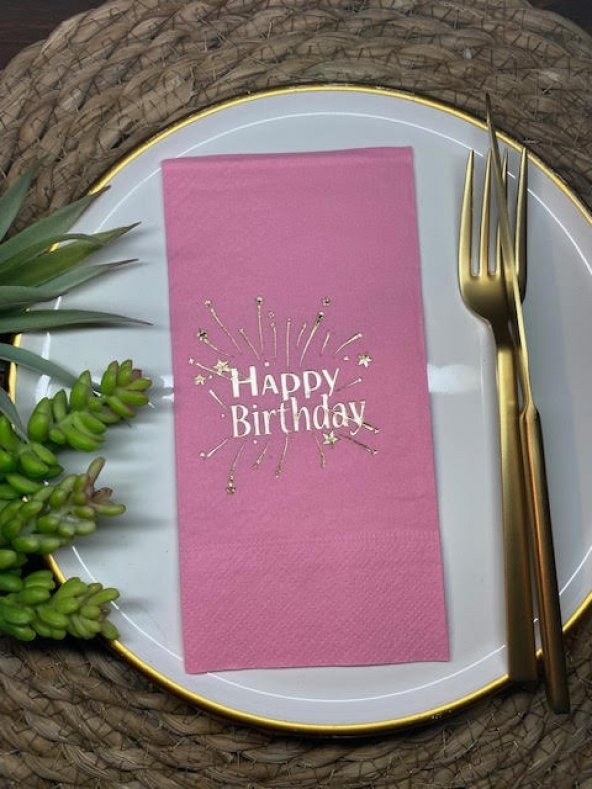 Gold Yaldızlı Pembe Happy Bırthday Garson Katlama Peçete 16 lı ürün görseli 1