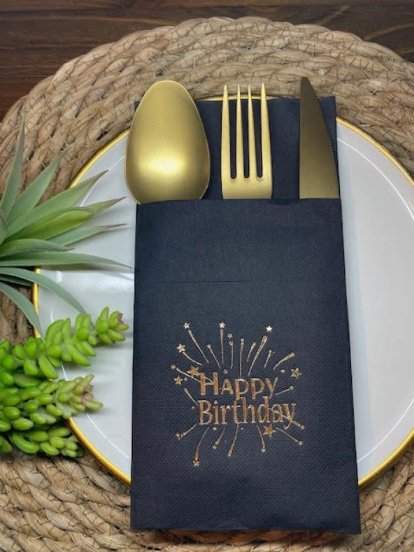 Gold Yaldızlı Siyah Cepli Happy Bırthday Peçete 12 Adet 40x40 ürün görseli 1