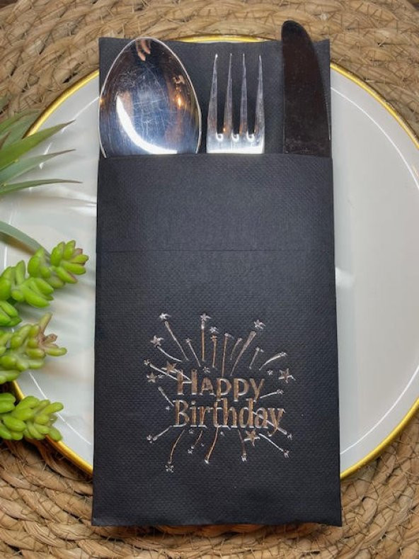 Gümüş Yaldızlı Siyah Cepli Happy Bırthday Peçete 12 Adet 40x40 ürün görseli 1