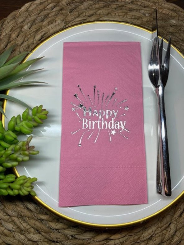 Gümüş Yaldızlı Pembe Happy Bırthday Garson Katlama Peçete 16 lı ürün görseli 1