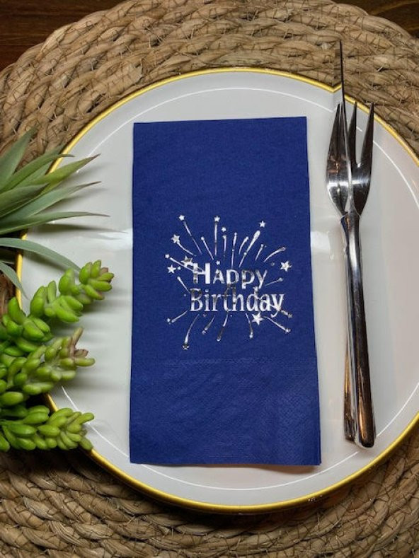 Gümüş Yaldızlı Lacivert Happy Bırthday Garson Katlama Peçete 16 lı ürün görseli 1