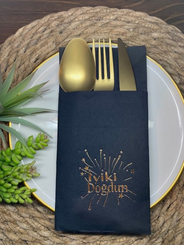 Gold Yaldızlı Beyaz Cepli İyiki Doğdun Peçete 12 Adet 40x40 ürün görseli 1