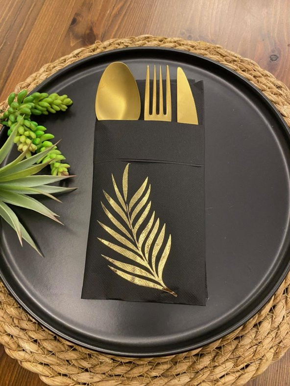 Gold Siyah Yaprak Kumaş Dokulu Peçete 12 Adet 40x40 ürün görseli 1
