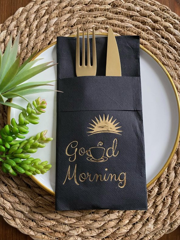 Gold Yaldızlı Siyah Cepli Good Morning Peçete 12 Adet 40x40 ürün görseli 1
