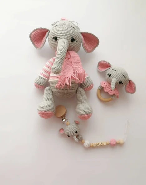 Sevimli Fil Yeni Doğan Seti Amigurumi Organik Oyuncak ürün görseli 1
