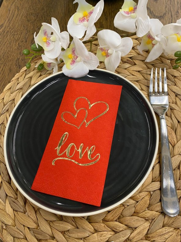 Gold Yaldızlı Kırmızı Kalpli Love Yazılı Peçete 16 lı ürün görseli 1