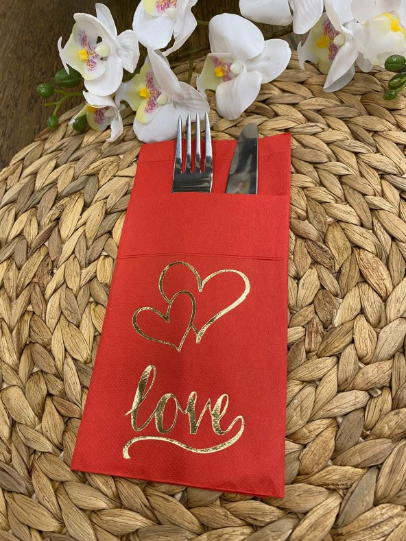 Gold Kırmızı Cepli Aır Touch Kalpli Love Yazılı Peçete 12 Adet 40x40 ürün görseli 1