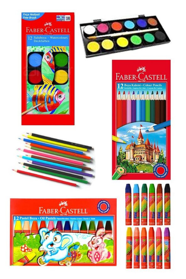 Öğrenci Boyama Seti 3 lü Faber 12 Renk Sulu Boya Kuru Boya Pastel Boya 12 li Boya Set Faber Castell Okul Sınıf ürün görseli 1
