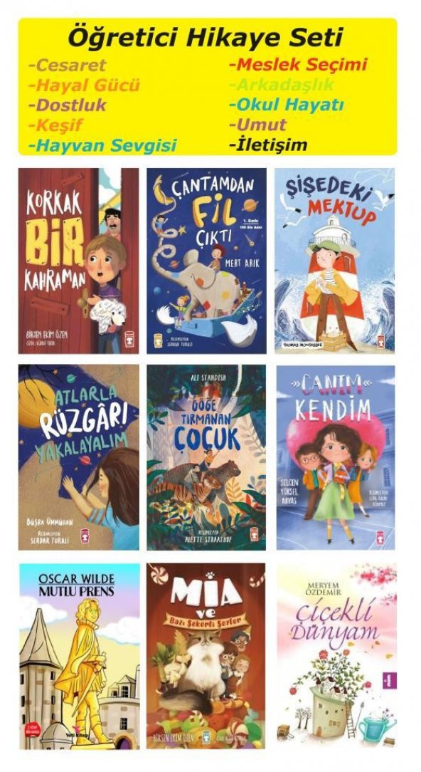 Çantamdan Fil Çıktı Seti 9 Kitap (Korkak Bir Kahraman + Şişedeki Mektup + öğe Tırmanan Çocuk + Atlarla Rüzgarı Yakalayalım + Mia ve Bazı Şekerli Şeyler + Canım Kendim + Mutlu Prens + Çiçekli Dünyam) ürün görseli 1
