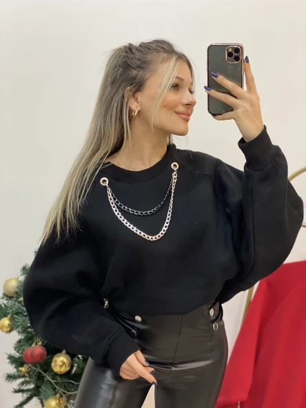 Yarasa Kol Kolyeli İçi Şardonlu Sweatshirt ürün görseli 1