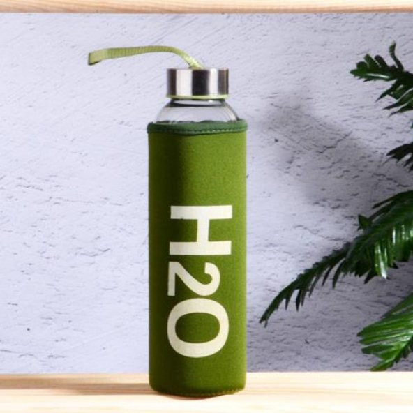 Kılıflı H2O cam matara - su matarası 500 ml suluk yeşil ürün görseli 1