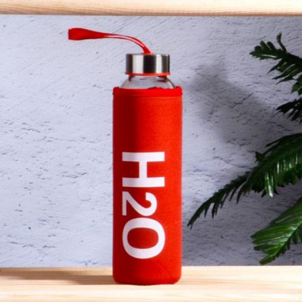 Kılıflı H2O cam matara - su matarası 500 ml suluk kırmızı ürün görseli 1