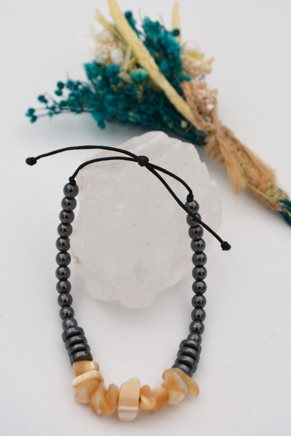 STONEAGE Gerçek Sedef ve Hematit taşlı Metalsiz Şifa Bilekliği ürün görseli 1