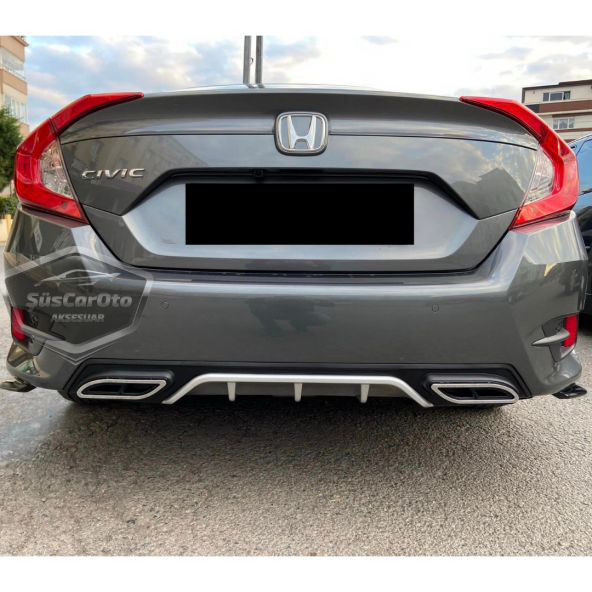 Honda Civic FC5 2016-2021 Araca Özel Siyah Gri Arka Difüzör Tırnaklı Çift Kare Egzoz Çıkışlı Arka Tampon Eki İthal 1.Sınıf ürün görseli 1