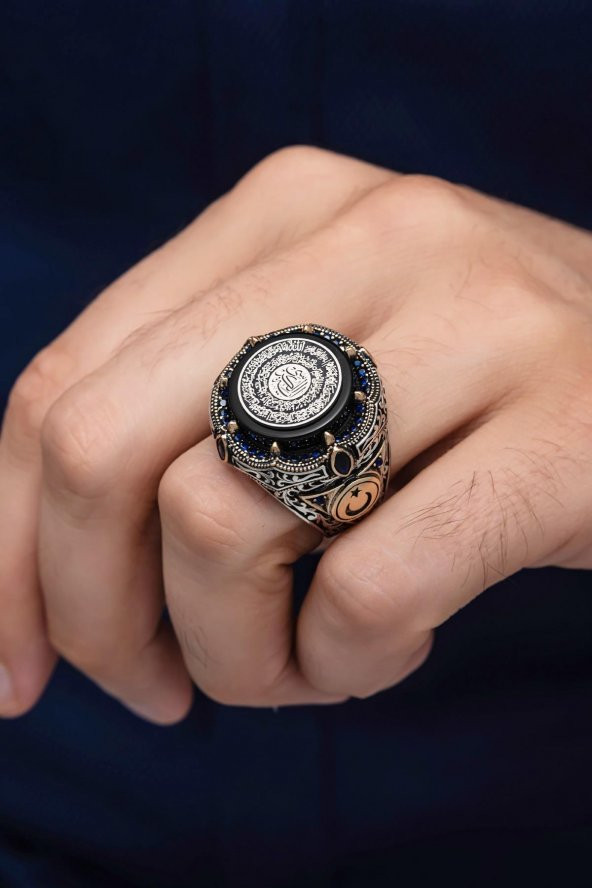 İnşirah Suresi Hat Yazılı Ayyıldız 925 Gümüş Erkek Yüzük ürün görseli 1